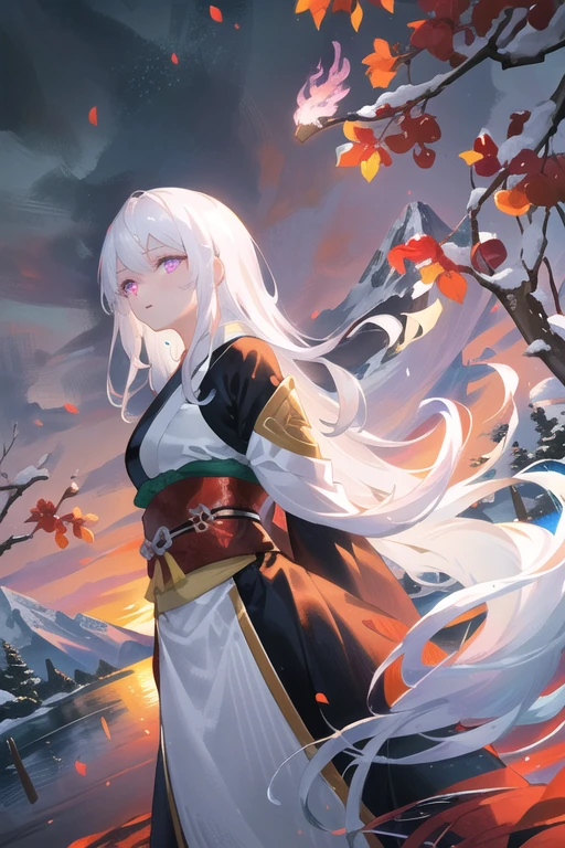 ((masterpiece))), (((best quality))), ((ultra-detailed)), (illustration), ((an extremely delicate and beautiful)), cinematic angle, (beautiful detailed eyes), (detailed light), cinematic lighting, detailed CG unity 8k wallpaper, ((highly detailed)),(best quality), amazing, beautiful detailed, depth of field, highres, amazing fine details and brush strokes, smooth, beautiful detailed eyes,
1girl, (white hair: 1.6), very long hair, purple eyes, thin, (very long hair), hanfu, (glowing eyes), ((phoenix eyes)), (hands behind back),
(dusk), mountain, (lake), sunset, (huge plum trees), Chinese-style cabins, snow,
