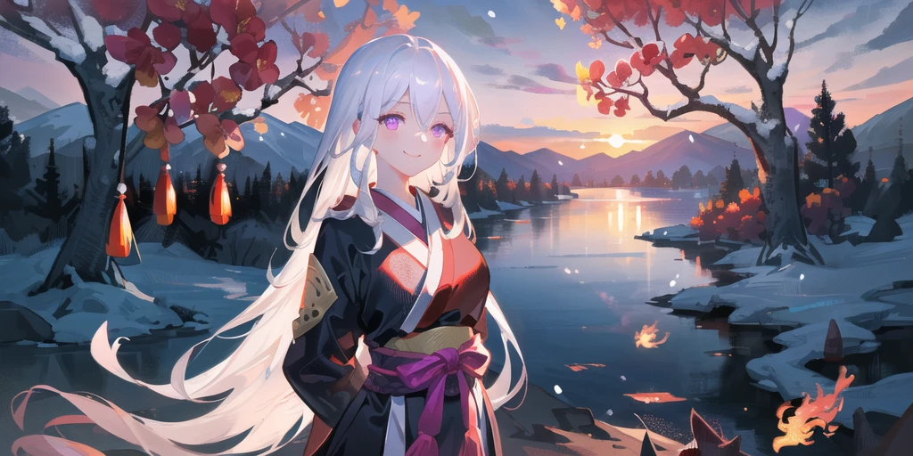 ((masterpiece))), (((best quality))), ((ultra-detailed)), (illustration), ((an extremely delicate and beautiful)), cinematic angle, (beautiful detailed eyes), (detailed light), cinematic lighting, detailed CG unity 8k wallpaper, ((highly detailed)),(best quality), amazing, beautiful detailed, depth of field, highres, amazing fine details and brush strokes, smooth, beautiful detailed eyes,
1girl, (white hair: 1.6), very long hair, purple eyes, thin, (very long hair), hanfu, (glowing eyes), ((phoenix eyes)), (hands behind back), smile,
(dusk), mountain, lake, sunset, (huge plum trees), Chinese-style cabins, snow,