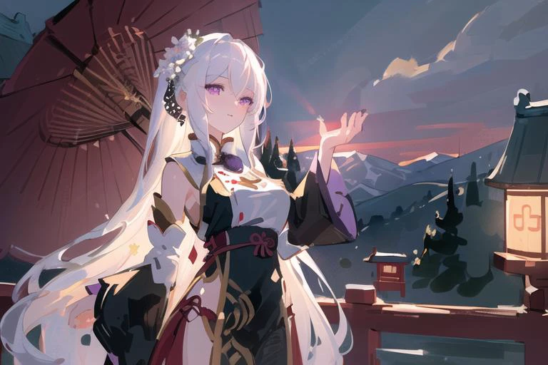((masterpiece))), (((best quality))), ((ultra-detailed)), (illustration), ((an extremely delicate and beautiful)), cinematic angle, (beautiful detailed eyes), (detailed light), cinematic lighting, detailed CG unity 8k wallpaper, ((highly detailed)),(best quality),amazing, beautiful detailed, depth of field, highres, amazing fine details and brush strokes, smooth, beautiful detailed eyes,
1girl, (white hair: 1.6), very long hair, purple eyes, thin, (very long hair), Han-style clothing, (glowing eyes),
(dusk), mountain, lake, sunset, huge plum trees, Chinese-style cabins,
(painting), (sketch), (bloom),