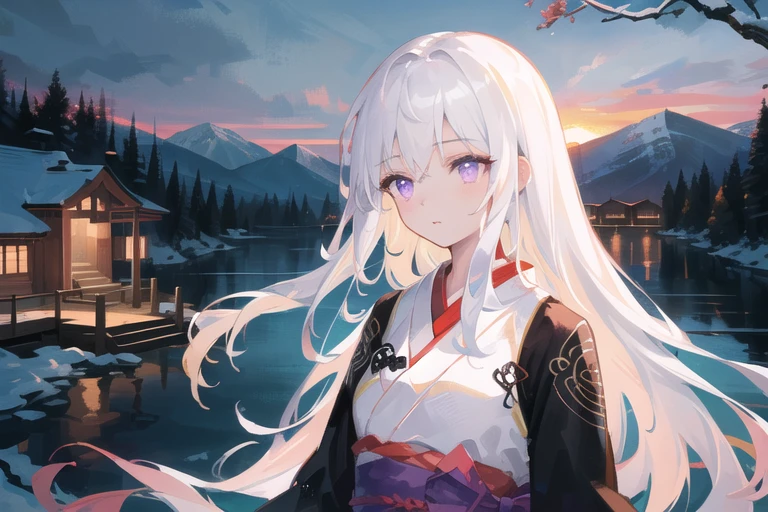 ((masterpiece))), (((best quality))), ((ultra-detailed)), (illustration), ((an extremely delicate and beautiful)), cinematic angle, (beautiful detailed eyes), (detailed light), cinematic lighting, detailed CG unity 8k wallpaper, ((highly detailed)),(best quality), amazing, beautiful detailed, depth of field, highres, amazing fine details and brush strokes, smooth, beautiful detailed eyes,
1girl, (white hair: 1.6), very long hair, purple eyes, thin, (very long hair), hanfu, (glowing eyes), phoenix eyes, hidden hands, upper body,
(dusk), mountain, lake, sunset, huge plum trees, Chinese-style cabins, snow,