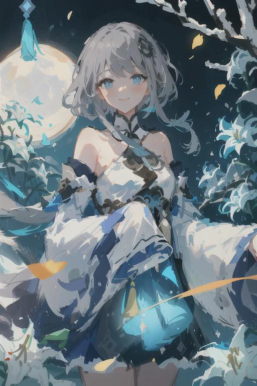 guizhong \(genshin impact\), <lora: Guizhong_1(7e0da4b3): 0.85>
((masterpiece))), (((best quality))), ((ultra-detailed)), (illustration), ((an extremely delicate and beautiful)), cinematic angle, (beautiful detailed eyes), (detailed light), cinematic lighting, detailed CG unity 8k wallpaper, ((highly detailed)),(best quality), amazing, beautiful detailed, depth of field, highres, amazing fine details and brush strokes, smooth, beautiful detailed eyes,
(1 girl), bangs, blue eyes,blush, detached sleeves, (very grey hair), hair ornament, ((short hair with very long locks)), tassel, tassel hair ornament, wide sleeves, ((((hands in sleeve)))), (thin), (seductive smile), (huge sleeve cuffs),
((moon)),(moonlight), (starry sky),(star), ((galaxy)),(lighting particle), fog, snow, (white lilies sea),
(painting), (sketch), (bloom)