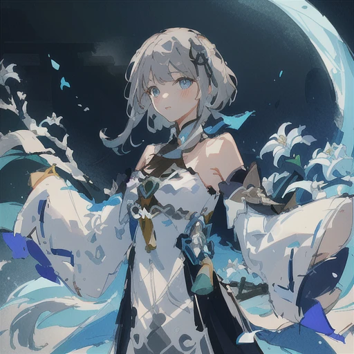 guizhong \(genshin impact\), <lora: Guizhong_1(7e0da4b3): 0.85>
((masterpiece))), (((best quality))), ((ultra-detailed)), (illustration), ((an extremely delicate and beautiful)), cinematic angle, (beautiful detailed eyes), (detailed light), cinematic lighting, detailed CG unity 8k wallpaper, ((highly detailed)),(best quality), amazing, beautiful detailed, depth of field, highres, amazing fine details and brush strokes, smooth, beautiful detailed eyes,
(1 girl), bangs, blue eyes, blush, detached sleeves, (very grey hair), hair ornament, ((short hair with very long locks)), tassel, tassel hair ornament, wide sleeves, ((((hands in sleeves)))), (thin), (huge sleeve cuffs),
((moon)),(moonlight), (starry sky),(star), ((galaxy)),(lighting particle), fog, snow, (white lilies sea),
(painting), (sketch), (bloom)