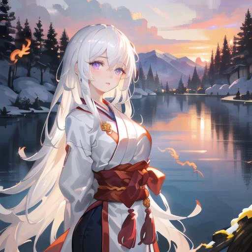 ((masterpiece))), (((best quality))), ((ultra-detailed)), (illustration), ((an extremely delicate and beautiful)), cinematic angle, (beautiful detailed eyes), (detailed light), cinematic lighting, detailed CG unity 8k wallpaper, ((highly detailed)),(best quality), amazing, beautiful detailed, depth of field, highres, amazing fine details and brush strokes, smooth, beautiful detailed eyes,
1girl, (white hair: 1.6), very long hair, purple eyes, thin, (very long hair), hanfu, (glowing eyes), ((phoenix eyes)), (hands behind back), thin, medium_breasts,
(dusk), mountain, (lake), sunset, (huge plum trees), Chinese-style cabins, snow,