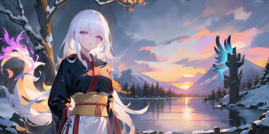 ((masterpiece))), (((best quality))), ((ultra-detailed)), (illustration), ((an extremely delicate and beautiful)), cinematic angle, (beautiful detailed eyes), (detailed light), cinematic lighting, detailed CG unity 8k wallpaper, ((highly detailed)),(best quality), amazing, beautiful detailed, depth of field, highres, amazing fine details and brush strokes, smooth, beautiful detailed eyes,
1girl, (white hair: 1.6), very long hair, purple eyes, thin, (very long hair), hanfu, (glowing eyes), ((phoenix eyes)), (hands behind back),
(dusk), mountain, lake, sunset, (huge plum trees), Chinese-style cabins, snow,