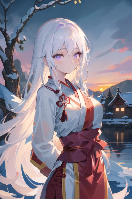 ((masterpiece))), (((best quality))), ((ultra-detailed)), (illustration), ((an extremely delicate and beautiful)), cinematic angle, (beautiful detailed eyes), (detailed light), cinematic lighting, detailed CG unity 8k wallpaper, ((highly detailed)),(best quality), amazing, beautiful detailed, depth of field, highres, amazing fine details and brush strokes, smooth, beautiful detailed eyes,
1girl, (white hair: 1.6), very long hair, purple eyes, thin, (very long hair), hanfu, (glowing eyes), ((phoenix eyes)), (hands behind back), thin, medium_breasts,
(dusk), mountain, (lake), sunset, (huge plum trees), Chinese-style cabins, snow,