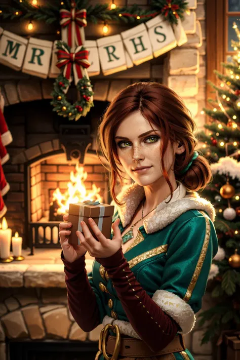 trissW3_soul3142, 1girl, red hair, hair ornament, green eyes, smirk, mole under mouth, freckles, necklace, breasts, green dress, christmas, holding, gift, christmas tree, christmas lights, masterpiece, best quality, intricate details, fireplace,<lora:triss-17:0.6>, <lora:detail_slider_v4:0.7>