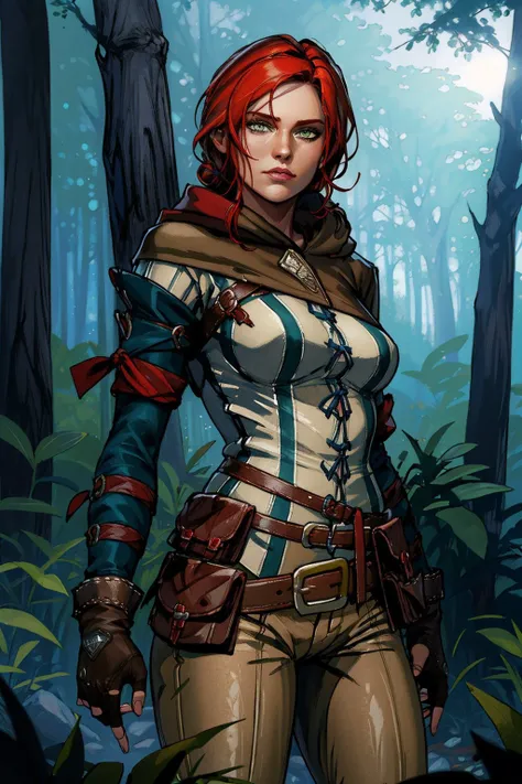 (masterpiece, best quality:1.2),  <lora:triss-15:0.7>,trissW3_soul3142, 1girl, solo, breasts, looking at viewer, red hair, gloves, green eyes, white striped shirt, belt, pants, hood, fingerless gloves, glowing, nature, forest, pouch, magic, belt pouch