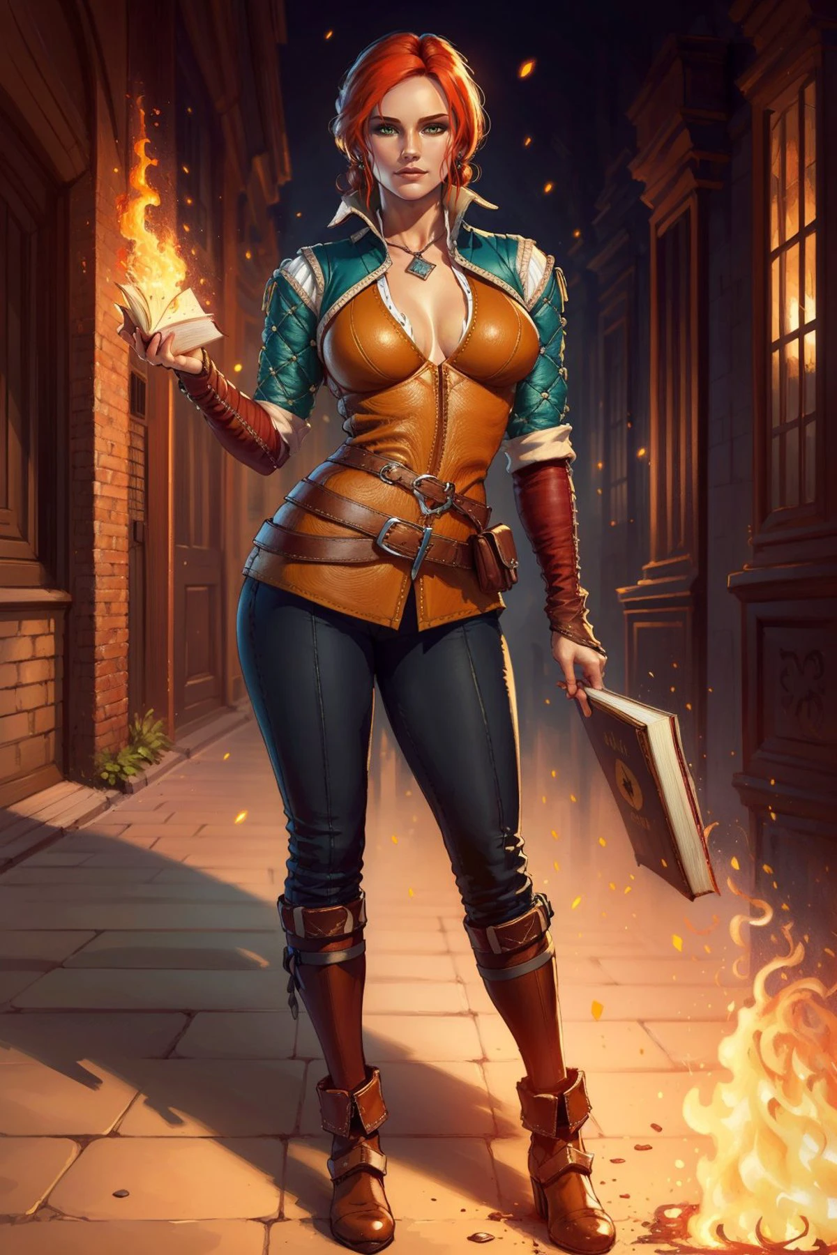 (masterpiece, best quality:1.2), <lora:triss-15:0.7>, trissW3_soul3142, 1girl, solo, green eyes, breasts, orange shirt, cleavage, medium breasts, standing, full body, red hair, earrings, boots, belt, pants, book, fire, magic,