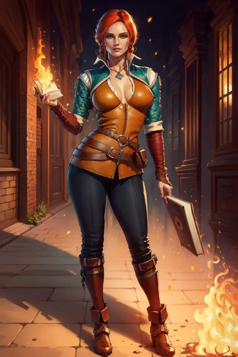 (masterpiece, best quality:1.2),  <lora:triss-15:0.7>, trissW3_soul3142, 1girl, solo, green eyes, breasts, orange shirt, cleavage, medium breasts, standing, full body, red hair, earrings, boots, belt, pants, book, fire, magic,