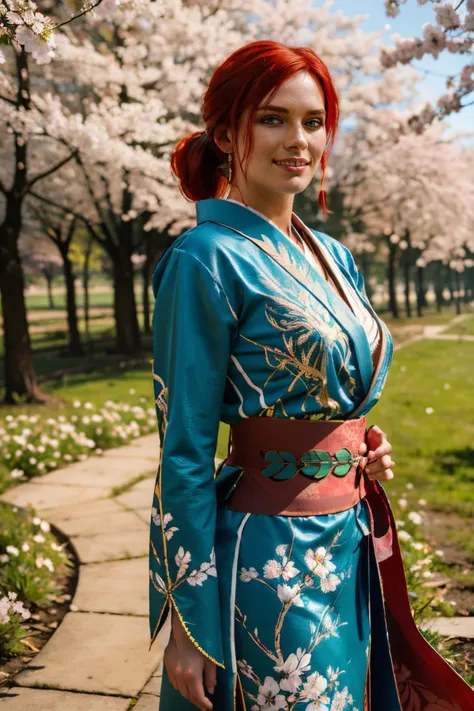 trissW3_soul3142, green eyes, red hair, ponytail, green attire, traditional kimono, sash, floral pattern, long sleeves, looking at viewer, serious, smiling, standing, upper body shot, outside, garden, cherry blossom forest, fog, sunny, high quality, masterpiece, <lora:triss:.6>