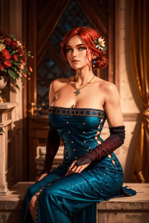 (masterpiece, best quality:1.2), <lora:triss-15:0.7>, trissW3_soul3142, 1girl, solo, green eyes, breasts, gloves, dress, cleavage, bare shoulders, sitting, flower, red hair, earrings, elbow gloves, necklace, strapless dress, blue dress