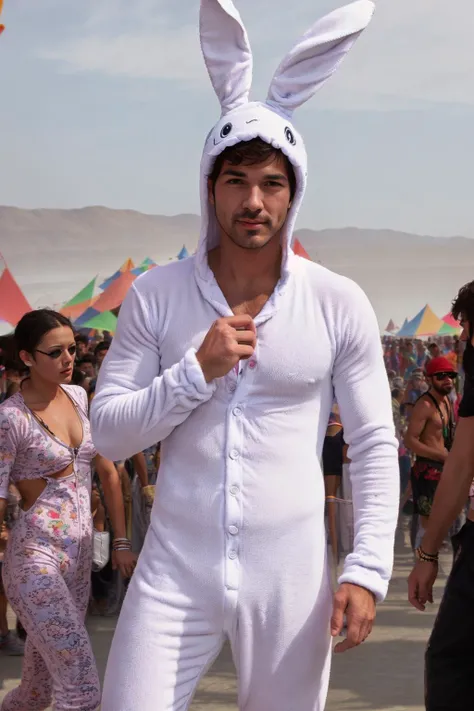 upper body,  burner_style handsome man, bunny onesie, Burningman crowd, background motion blur <lora:burner_style_v1:0.6>