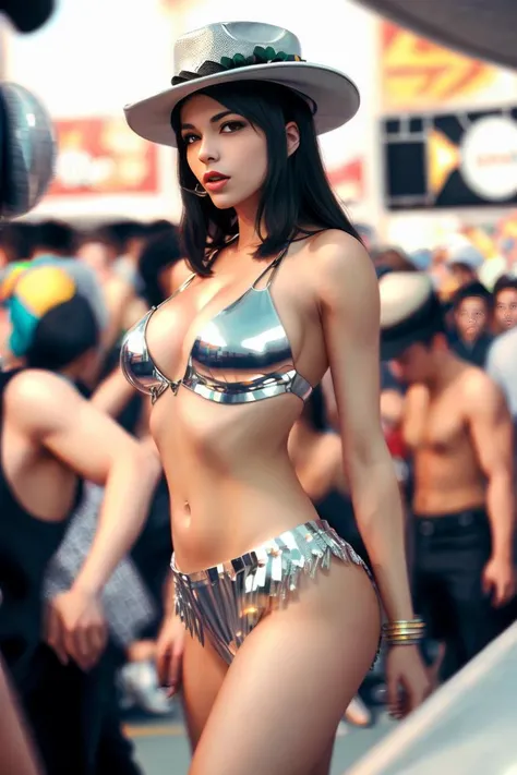 upper body,  burner_style woman, silver outfit, hat, crowd, background motion blur <lora:burner_style_v1:0.7>