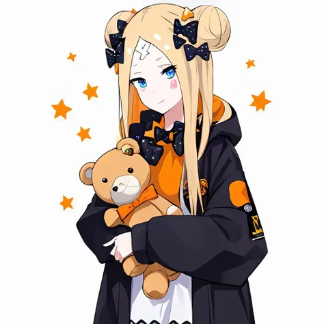 masterpiece, high quality,
1girl, abigail williams (fate), teddy bear, black bow, stuffed animal, bow, stuffed toy, blonde hair, hair bun, polka dot bow, blue eyes, orange bow, abigail williams (traveling outfit) (fate), solo, parted bangs, bangs, hair bow, black jacket, official alternate costume, jacket, high collar, looking at viewer, polka dot, long sleeves, double bun, long hair, multiple hair bows, holding stuffed toy, bandaid on forehead, holding, heart, sleeves past wrists, bandaid on face, forehead, star (symbol), crossed bandaids
<lora:LAM(4):0.6>