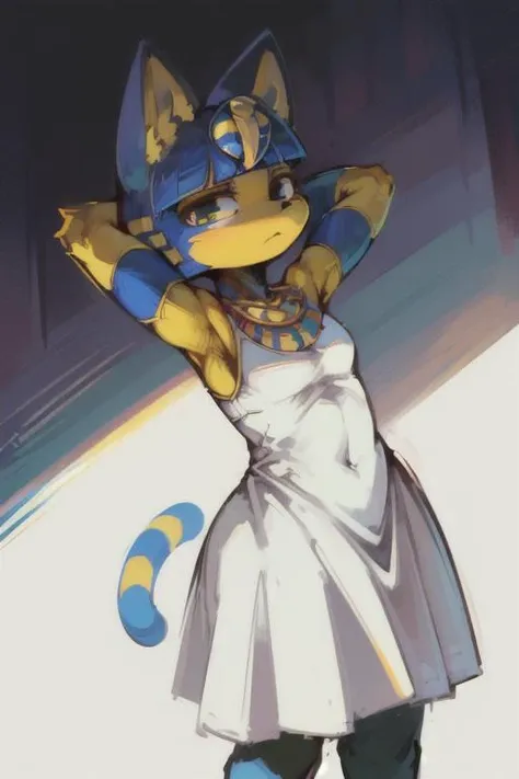((Anime, Cel Shading, Moody Lighting, ((high quality:1.2, masterpiece:1.2)))), furry, body fur, best quality, <lora:AnkhaAnimalCrossing1:1> Ankha (Animal Crossing) Ankha, yellow skin, white dress, stretched out arms, inviting,arms behind head,, Hip Level Shot