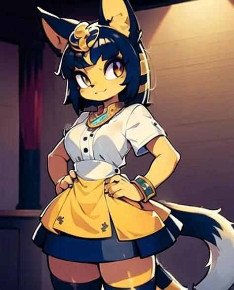 (masterpiece, best quality), intricate details, 8k, artstation, wallpaper, official art, splash art, sharp focus, Ankha (Animal Crossing), Ankha, hands on hips,
dress shirt,bangle,ankle lace-up,skirt,expression chart,
smug,standing, <lora:Ankha:0.6> <lora:EnvyCuteMix05:0.4> <lora:furry_female:0.4> <lora:40_niji:0.4>