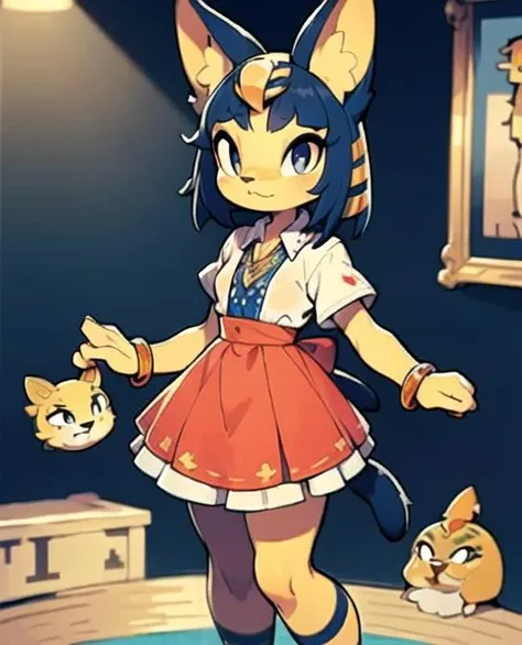 (masterpiece, best quality), intricate details, 8k, artstation, wallpaper, official art, splash art, sharp focus, Ankha (Animal Crossing), Ankha,
dress shirt,bangle,ankle lace-up,skirt,expression chart,
smug,standing, <lora:Ankha:0.6> <lora:EnvyCuteMix05:0.4> <lora:furry_female:0.4> <lora:40_niji:0.4>