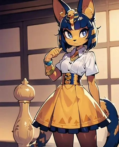 (masterpiece, best quality), intricate details, 8k, artstation, wallpaper, official art, splash art, sharp focus, Ankha (Animal Crossing), Ankha,
dress shirt,bangle,ankle lace-up,skirt,expression chart,
smug,standing, <lora:Ankha:0.6> <lora:EnvyCuteMix05:0.4> <lora:furry_female:0.4> <lora:40_niji:0.4>