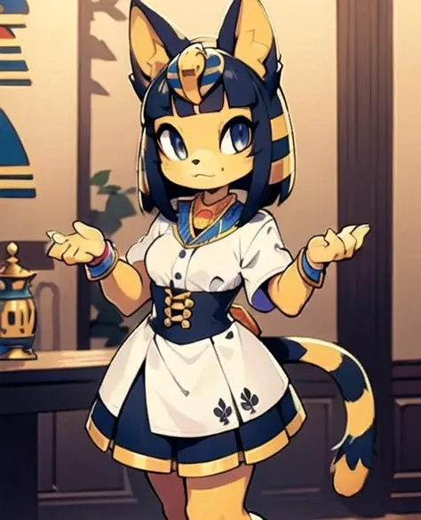 (masterpiece, best quality), intricate details, 8k, artstation, wallpaper, official art, splash art, sharp focus, Ankha (Animal Crossing), Ankha,
dress shirt,bangle,ankle lace-up,skirt,expression chart,
smug,standing, <lora:Ankha:0.6> <lora:EnvyCuteMix05:0.4> <lora:furry_female:0.4> <lora:40_niji:0.4>