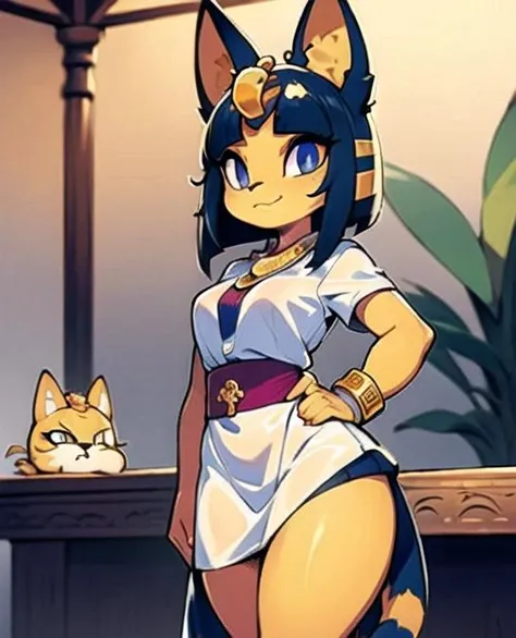 (masterpiece, best quality), intricate details, 8k, artstation, wallpaper, official art, splash art, sharp focus, Ankha (Animal Crossing), Ankha, hands on hips,
dress shirt,bangle,ankle lace-up,skirt,expression chart,
smug,standing, <lora:Ankha:0.6> <lora:EnvyCuteMix05:0.4> <lora:furry_female:0.4> <lora:40_niji:0.4>