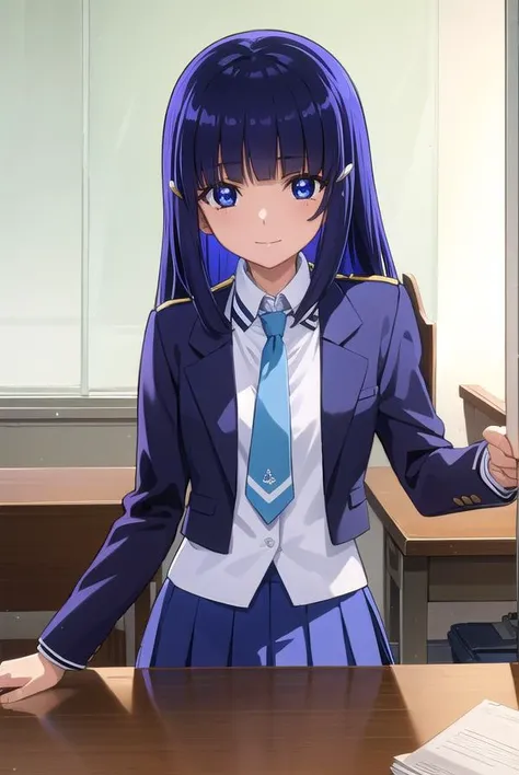 reikaaoki, <lora:reika aoki s1-lora-nochekaiser:1>,
reika aoki, long hair, blue eyes, hair ornament, blue hair, hairclip, hime cut, bangs, blunt bangs, smile,
BREAK skirt, school uniform, necktie, blue necktie, nanairogaoka middle school uniform, blue skirt,
BREAK indoors,classroom,
BREAK looking at viewer, dynamic pose,
BREAK <lyco:GoodHands-beta2:1>, (masterpiece:1.2), best quality, high resolution, unity 8k wallpaper, (illustration:0.8), (beautiful detailed eyes:1.6), extremely detailed face, perfect lighting, extremely detailed CG, (perfect hands, perfect anatomy),