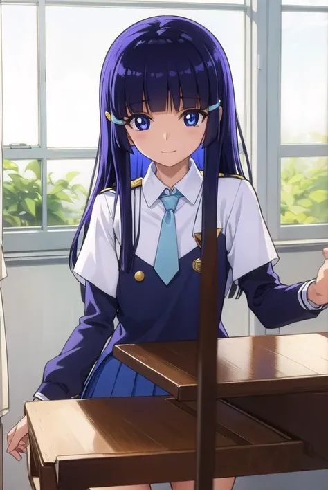 reikaaoki, <lora:reika aoki s1-lora-nochekaiser:1>,
reika aoki, long hair, blue eyes, hair ornament, blue hair, hairclip, hime cut, bangs, blunt bangs, smile,
BREAK skirt, school uniform, necktie, blue necktie, nanairogaoka middle school uniform, blue skirt,
BREAK indoors,classroom,
BREAK looking at viewer, dynamic pose,
BREAK <lyco:GoodHands-beta2:1>, (masterpiece:1.2), best quality, high resolution, unity 8k wallpaper, (illustration:0.8), (beautiful detailed eyes:1.6), extremely detailed face, perfect lighting, extremely detailed CG, (perfect hands, perfect anatomy),