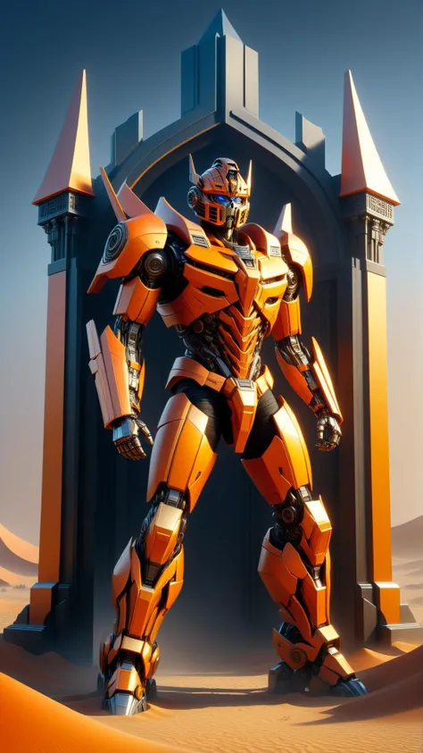 <lora:TransformersStyleXL:1>TransformersStyle Orange Orange an anthropomorphic beautiful ultradetailed futuristic civilisation in a desert, gold, mist, fog,, dungeon temple gate, lower view, fine art, award winning, intricate, elegant, sharp focus, octane render, hyperrealistic, cinematic lighting, highly detailed, digital painting, 8 k concept art, art by jamie hewlett and z. w. gu, masterpiece, trending on artstation, 8 k, 24mm, (analog, cinematic, film grain:1.3), Bokeh DOF, (Masterpiece:1.3) (best quality:1.2) (high quality:1.1)