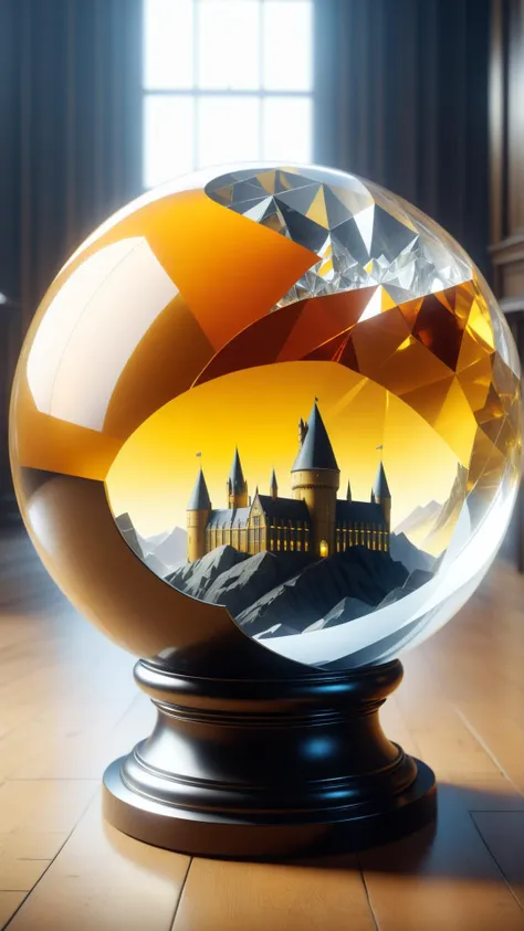 <lora:TransformersStyleXL:1>TransformersStyle yellow (orange:0.8) White an achingly beautiful print of hogwarts inside one giant crystal ball by raphael, hopper, and rene magritte. detailed, proportional, romantic, vibrant, enchanting, trending on artstation, tech, sci-fi, technology, metallic, 24mm, (analog, cinematic, film grain:1.3), Bokeh DOF, (Masterpiece:1.3) (best quality:1.2) (high quality:1.1)