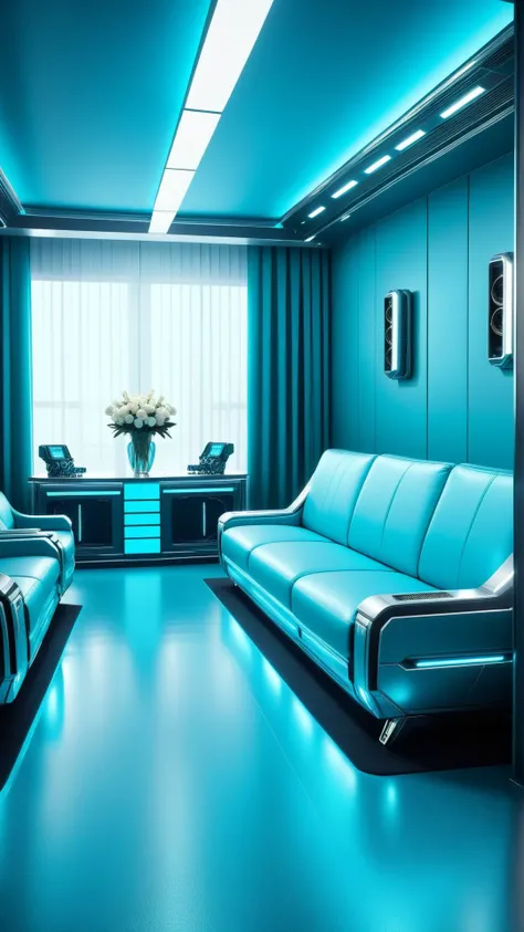 <lora:TransformersStyleXL:1>TransformersStyle Turquoise Cyan conference room, sofa,vases,shoe rack,curtains, rubber flooring
, moonlight,recessed ceiling lights, under-cabinet lighting
, tech, sci-fi, technology, metallic, 24mm, (analog, cinematic, film grain:1.3), Bokeh DOF, (Masterpiece:1.3) (best quality:1.2) (high quality:1.1)