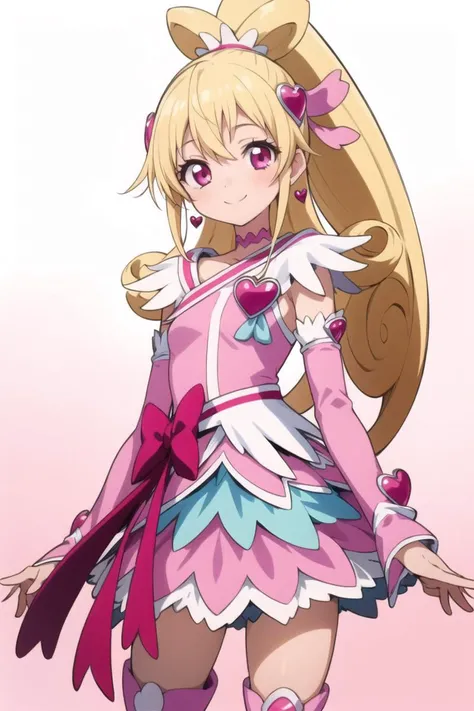 masterpiece, best quality, looking_at_viewer, depth_of_field, smile, cowboy shot,
1girl, <lora:locon_cure_heart_04:0.9>, cure heart, blonde hair, heart hair ornament, pink skirt, pink sleeves, detached sleeves, boots, heart, hair_ribbon, [[high ponytail]], 
standing, gradient_background,