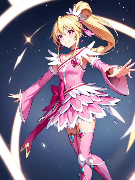 masterpiece, best quality, looking_at_viewer, depth_of_field, smile,
1girl, <lora:locon_cure_heart_04:0.8>, cure heart, blonde hair, heart hair ornament, pink skirt, pink sleeves, detached sleeves, boots, heart, hair ribbon, [[high ponytail]], 
standing, gradient_background,