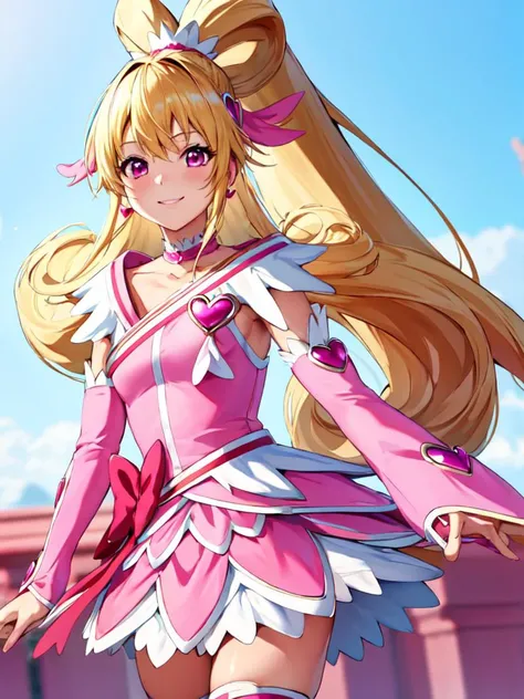 masterpiece, best quality, looking_at_viewer, depth_of_field, smile, cowboy shot,
1girl, <lora:locon_cure_heart_04:0.85>, cure heart, blonde hair, heart hair ornament, pink skirt, pink sleeves, detached sleeves, boots, heart, hair ribbon, [[ponytail]], 
standing, gradient_background,