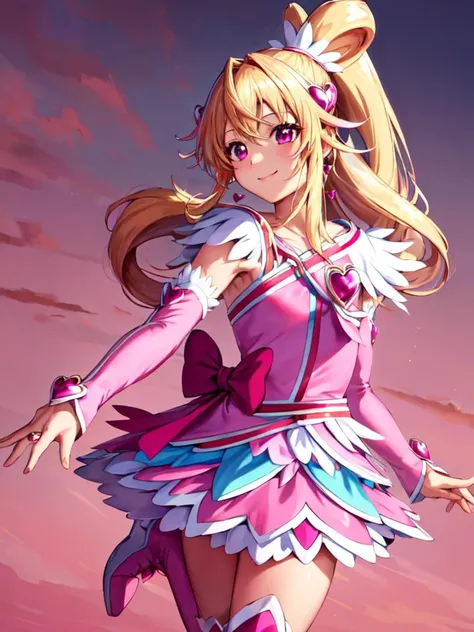 masterpiece, best quality, looking_at_viewer, depth_of_field, smile, cowboy shot,
1girl, <lora:locon_cure_heart_04-000022:0.9>, cure heart, blonde hair, heart hair ornament, pink skirt, pink sleeves, detached sleeves, boots, heart, hair_ribbon, ponytail,
standing, gradient_background,