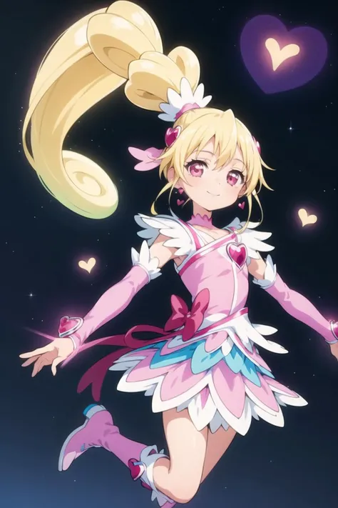 cute illustration, looking_at_viewer, depth_of_field, light particles, bloom, colorful refraction, smile, cowboy shot,
1girl, <lora:locon_cure_heart_04:0.9>, cure heart, blonde hair, heart hair ornament, pink skirt, pink sleeves, detached sleeves, boots, heart, hair_ribbon, ((high ponytail)), 
jumping, dynamic pose, starry sky, gradient_background, <lora:Glowing_Jewelry_erase:-2>