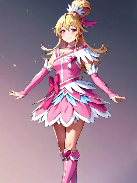 masterpiece, best quality, looking_at_viewer, depth_of_field, smile,
1girl, <lora:locon_cure_heart_04:0.8>, cure heart, blonde hair, heart hair ornament, pink skirt, pink sleeves, detached sleeves, boots, heart, hair ribbon, [[high ponytail]], 
standing, gradient_background,