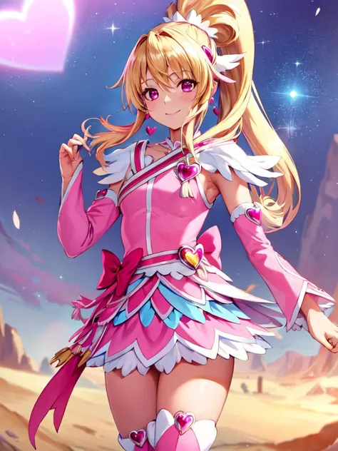 masterpiece, best quality, looking_at_viewer, depth_of_field, smile, cowboy shot,
1girl, <lora:locon_cure_heart_04:0.9>, cure heart, blonde hair, heart hair ornament, pink skirt, pink sleeves, detached sleeves, boots, heart, hair_ribbon, [[high ponytail]], 
standing, gradient_background,