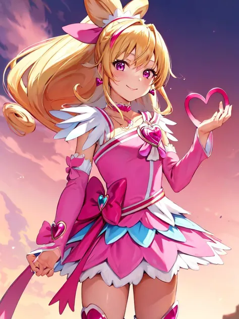 masterpiece, best quality, looking_at_viewer, depth_of_field, smile, cowboy shot,
1girl, <lora:locon_cure_heart_04:0.8>, cure heart, blonde hair, heart hair ornament, pink skirt, pink sleeves, detached sleeves, boots, heart, hair ribbon, [[ponytail]], 
standing, gradient_background,