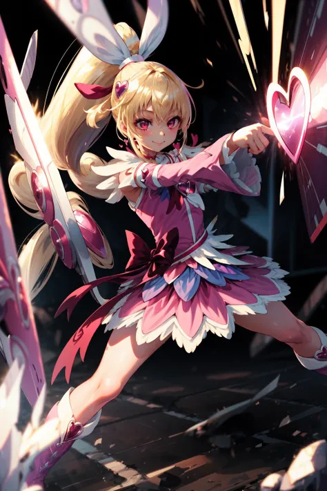 masterpiece,best quality,1girl,cure heart,blonde hair,heart hair ornament,pink skirt,pink sleeves,detached sleeves,boots,heart,hair ribbon,[[high ponytail]],(smile,confident),fighting stance,action pose,attack,light beam,motion lines,motion blur,shockwave,blast wave,cowboy shot,<lora:locon_cure_heart_04:0.8>,