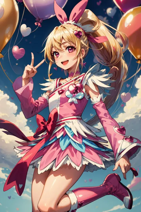 masterpiece,best quality,1girl,cure heart,blonde hair,heart hair ornament,pink skirt,pink sleeves,detached sleeves,boots,heart,hair ribbon,[[high ponytail]],smile,open mouth,peace sign,heart balloon,blue sky,<lora:locon_cure_heart_04:0.8>,