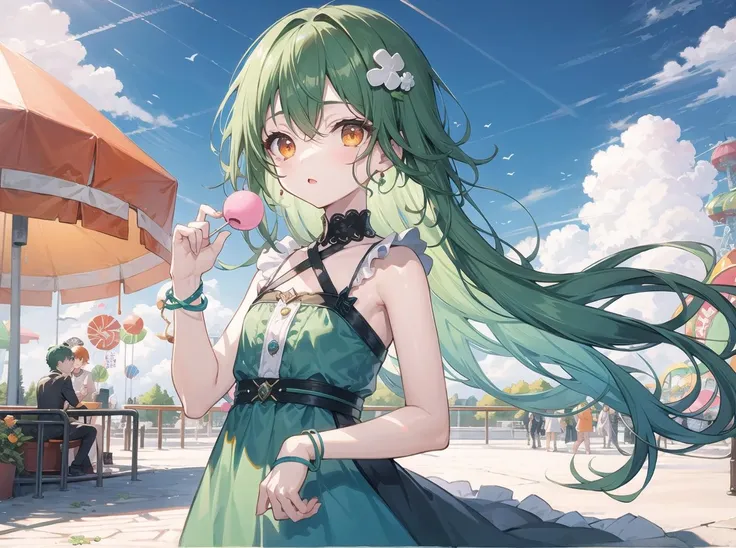 (pixiv masterpiece),masterpiece, best quality, 1girl,cute,kawaii, flat chest, green hair, orange eyes, clover hair ornament, long hair, disheveled hair, messy hair, lucency full dress, amusement park, glad, lolipop