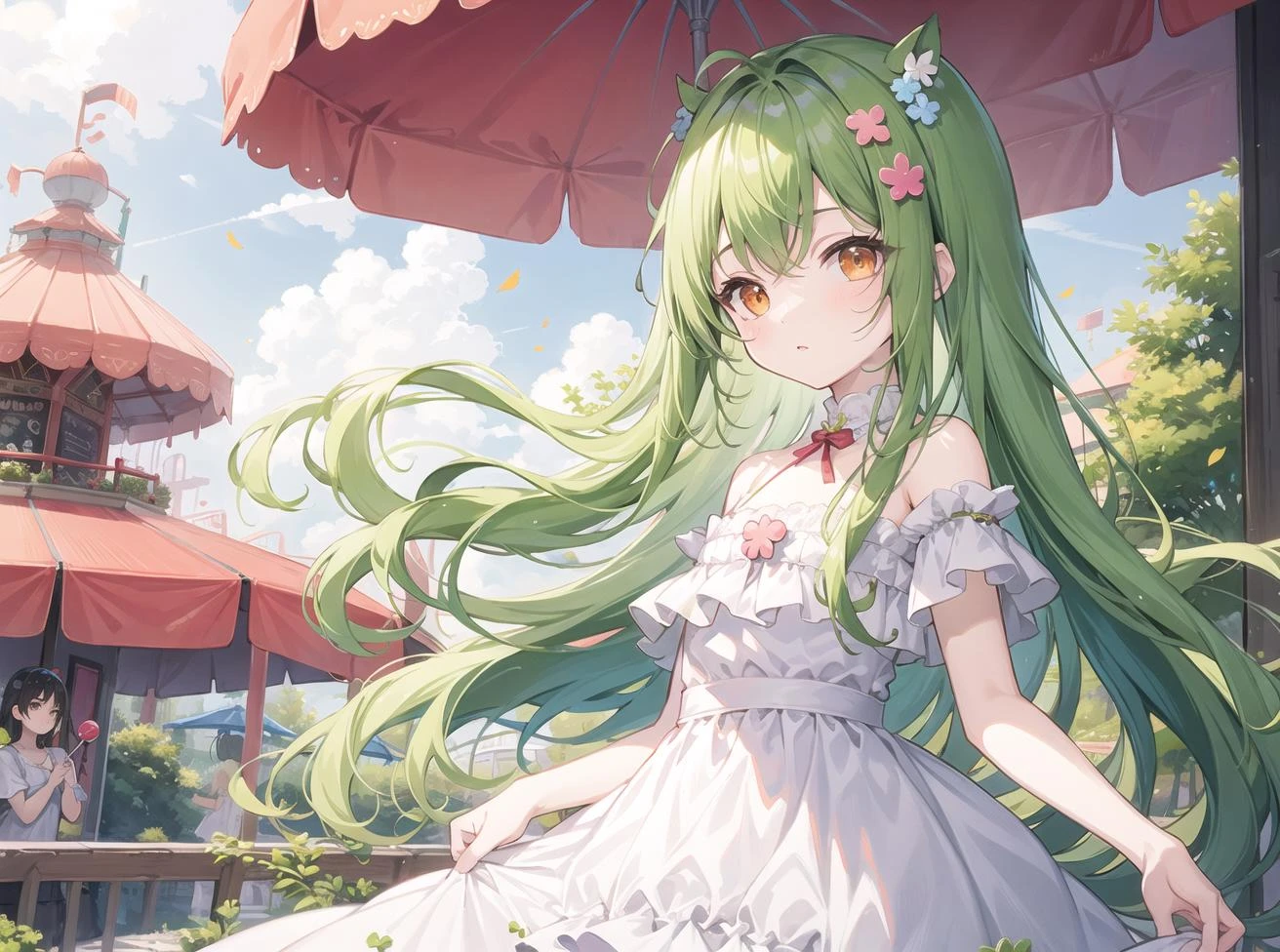 (pixiv masterpiece),masterpiece, best quality, 1girl,cute,kawaii, flat chest, green hair, orange eyes, clover hair ornament, long hair, disheveled hair, messy hair, lucency full dress, amusement park, glad, pop