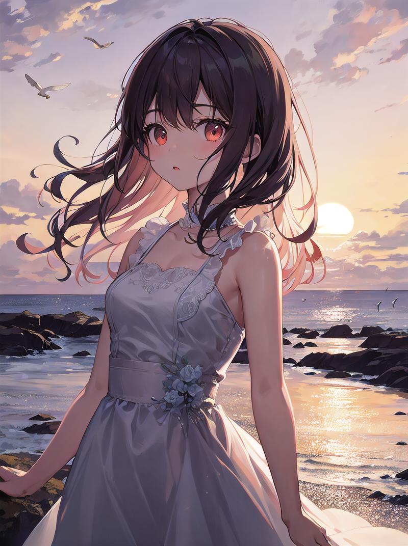 A woman in a dress standing on a beach near the ocean - SeaArt AI
