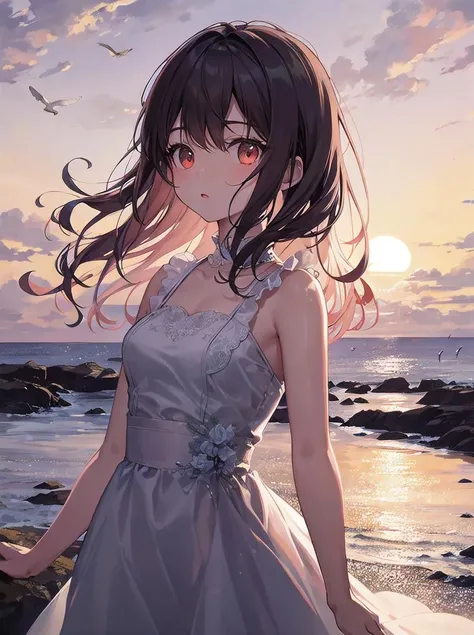 Kai Kokoai, STU48 Kai Kokoai, short hair, Cabelos castanhos escuros, 1girl_megumin_konosuba, outono, outono_Folhas, franja, Praia, azul_heaven, corar, seio, marrom_Hair, fechado_boca, nuvem, red eyes, Nublado_heaven, 鎖骨, dia, vestir, campo, flor, flor_campo, horizonte, lago, folha, Olhando_em_ visualizador, montanha, montanhoso_horizonte, mar, ao ar livre, palm_tree, petal, planta, vermelho_flor, curto_Hair, saia_segurar, heaven, sorrir, sozinho, Standing, Sunset, tree, Twilight, water, vermelho_vestir, olho perfeito