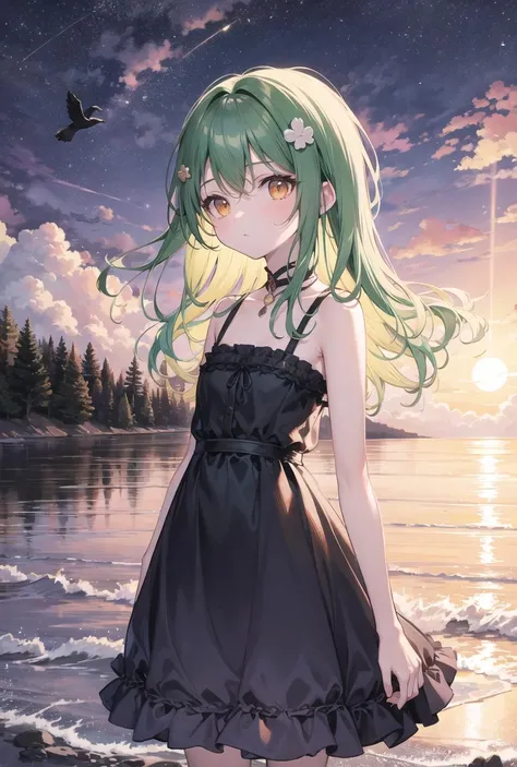 (pixiv masterpiece),masterpiece, best quality, 1girl,cute,kawaii, flat chest, green hair, orange eyes,  clover hair ornament, long hair, disheveled hair, messy hair, backlighting, lucency full dress, ((dusk)),sunset glow,standing on the ((headland)),extremely beautiful (red sun),some seabirds flying in the beautiful sky,[a few thin clouds in the sky],(cinematic lighting)[Tyndall Effect],cowboy shot