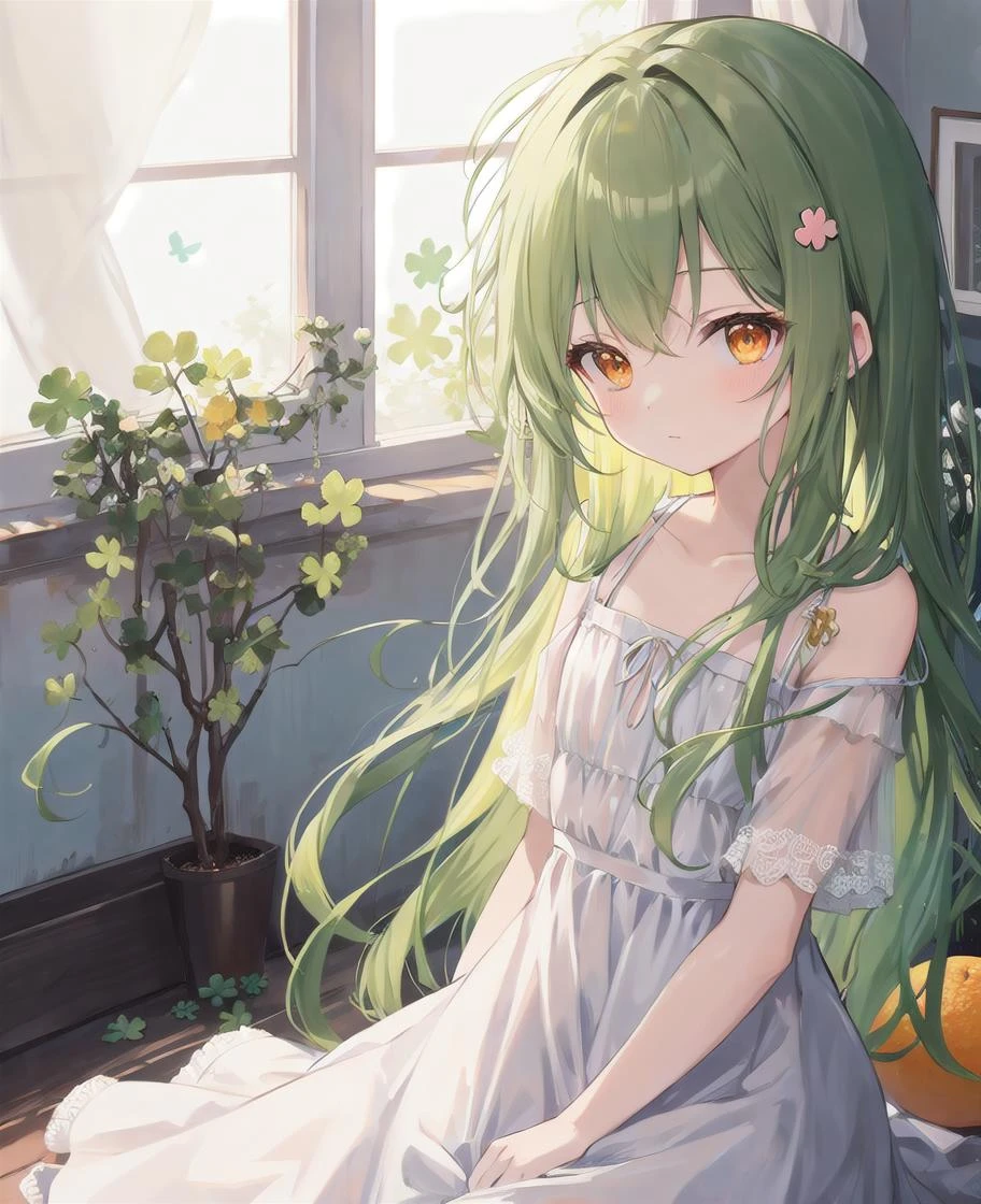masterpiece, best quality, 1girl,kawaii,cute,flat chest, green hair, orange eyes, clover hair ornament, long hair, disheveled hair, messy hair, backlighting, lucency full dress,casual posture,indoor,