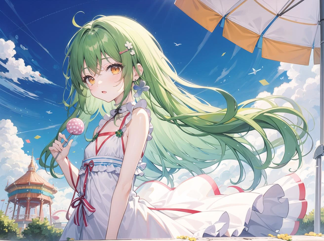 (pixiv masterpiece),masterpiece, best quality, 1girl,cute,kawaii, flat chest, green hair, orange eyes, clover hair ornament, long hair, disheveled hair, messy hair, lucency full dress, amusement park, glad, lolipop