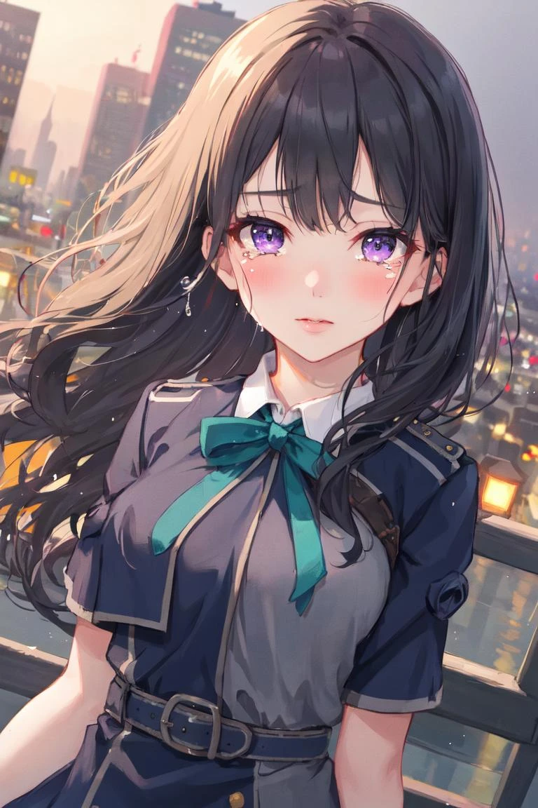 (best quality:1.1), (masterpiece:1.2), high quality shadow, beautiful detailed, beautiful face, detailed eyes, depth of field, highres, best shadow, best illumination,
<lora:Takina:0.8>, pikkytakina,
1girl, lycoris uniform, inoue takina, solo, two-tone dress, purple eyes, long hair, green ribbon, dress, blue dress, belt, realistic, black hair, bangs, ribbon, looking at viewer, grey dress, school uniform, blue belt, neck ribbon, cosplay, blue ribbon, lips, upper body,blush,arm down,tier,tear drops,(crying:0.9),
city background,night time,dynamic angle ,