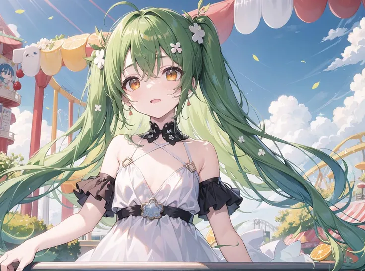 (pixiv masterpiece),masterpiece, best quality, 1girl,cute,kawaii, flat chest, green hair, orange eyes, clover hair ornament, long hair, disheveled hair, messy hair, lucency full dress, amusement park, glad, lolipop