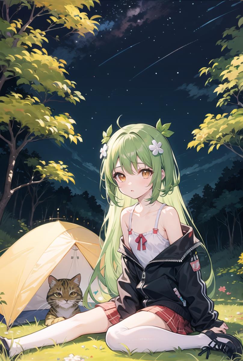 Anime girl sitting in the grass with a cat next to her - SeaArt AI