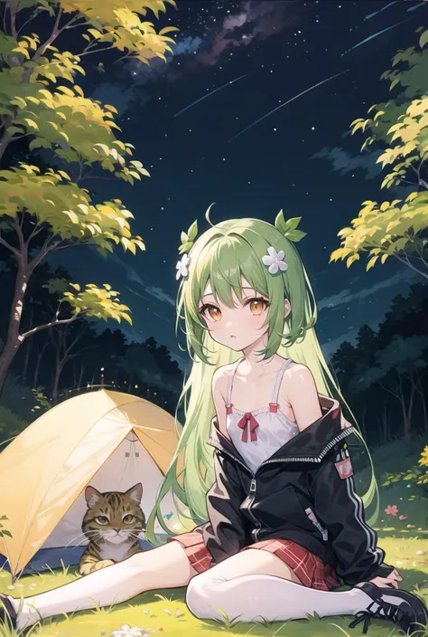 Anime girl sitting in the grass with a cat next to her - SeaArt AI